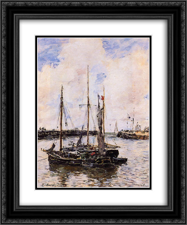 Entrance to the Port of Trouville 20x24 Black Ornate Wood Framed Art Print Poster with Double Matting by Boudin, Eugene