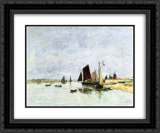 Etaples, Boats in Port 24x20 Black Ornate Wood Framed Art Print Poster with Double Matting by Boudin, Eugene