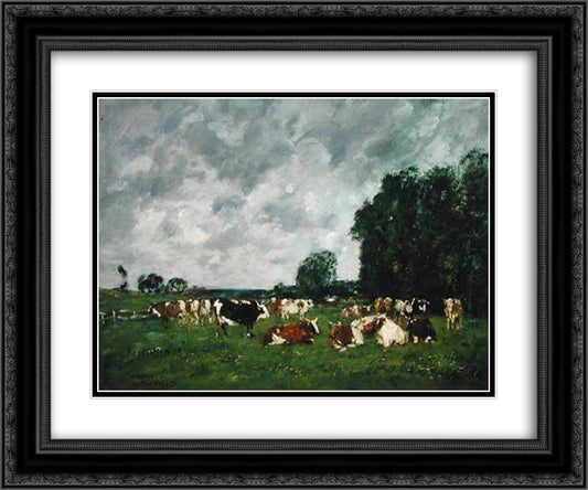 Fields in Fervaques 24x20 Black Ornate Wood Framed Art Print Poster with Double Matting by Boudin, Eugene