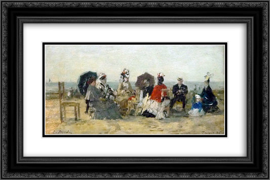 Figures on the beach at Trouville 24x16 Black Ornate Wood Framed Art Print Poster with Double Matting by Boudin, Eugene