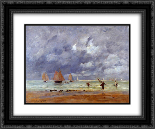 Fishermen and Sailboats near Trouville 24x20 Black Ornate Wood Framed Art Print Poster with Double Matting by Boudin, Eugene