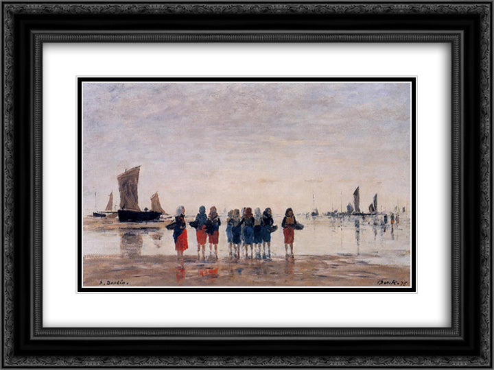 Fisherwomen at Berck 24x18 Black Ornate Wood Framed Art Print Poster with Double Matting by Boudin, Eugene