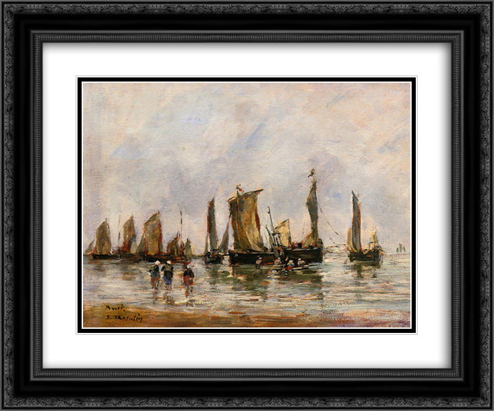 Fishing Boats at Berck 24x20 Black Ornate Wood Framed Art Print Poster with Double Matting by Boudin, Eugene