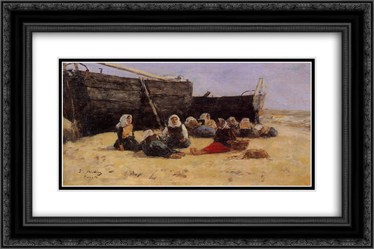 Fishwomen Seated on the Beach at Berck 24x16 Black Ornate Wood Framed Art Print Poster with Double Matting by Boudin, Eugene