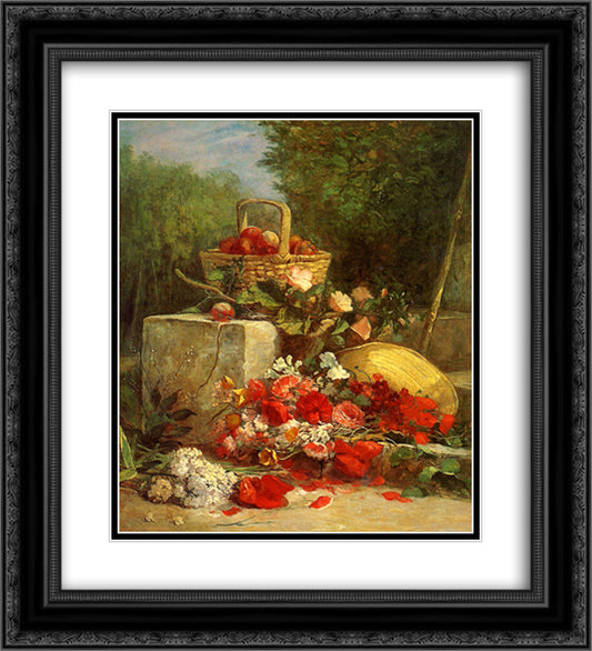 Flowers and Fruit in a Garden 20x22 Black Ornate Wood Framed Art Print Poster with Double Matting by Boudin, Eugene