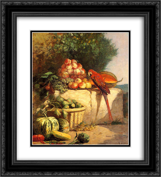 Fruit and Vegetables with a Parrot 20x22 Black Ornate Wood Framed Art Print Poster with Double Matting by Boudin, Eugene