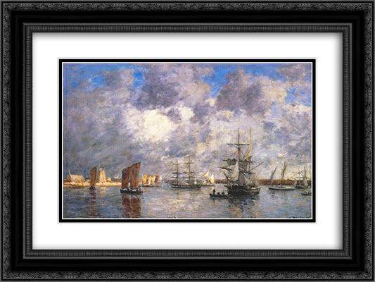 Harbour at Camaret 24x18 Black Ornate Wood Framed Art Print Poster with Double Matting by Boudin, Eugene