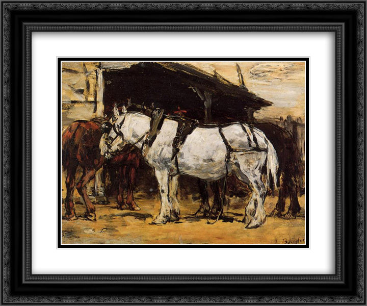 Harnessed Horses 24x20 Black Ornate Wood Framed Art Print Poster with Double Matting by Boudin, Eugene