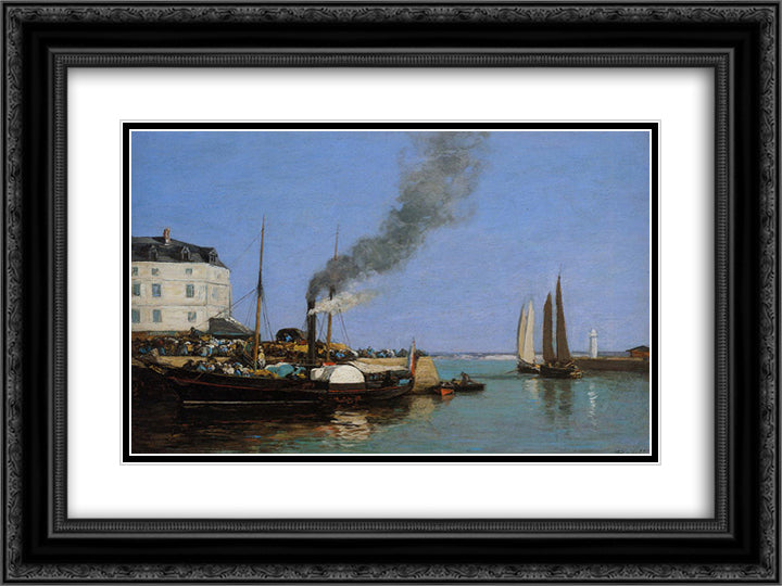 Honfleur. La Jetee 24x18 Black Ornate Wood Framed Art Print Poster with Double Matting by Boudin, Eugene