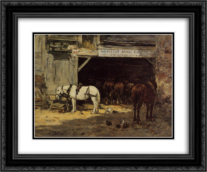 Horses for Hire in a Yard 24x20 Black Ornate Wood Framed Art Print Poster with Double Matting by Boudin, Eugene