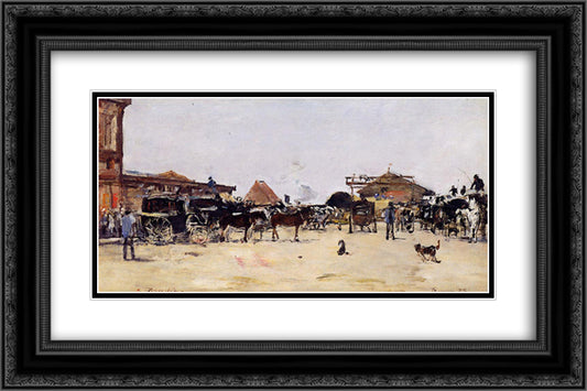 La Place de la Gare a Deauville 24x16 Black Ornate Wood Framed Art Print Poster with Double Matting by Boudin, Eugene