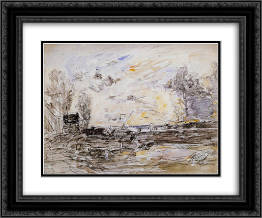 Landscape with Sunset 24x20 Black Ornate Wood Framed Art Print Poster with Double Matting by Boudin, Eugene