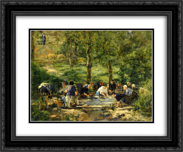 Laundresses 24x20 Black Ornate Wood Framed Art Print Poster with Double Matting by Boudin, Eugene