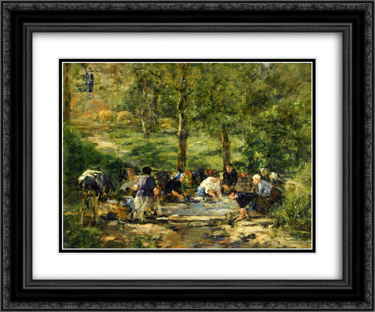 Laundresses 24x20 Black Ornate Wood Framed Art Print Poster with Double Matting by Boudin, Eugene