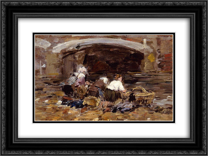 Laundresses near a Bridge 24x18 Black Ornate Wood Framed Art Print Poster with Double Matting by Boudin, Eugene