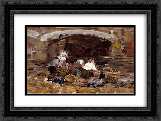 Laundresses near a Bridge 24x18 Black Ornate Wood Framed Art Print Poster with Double Matting by Boudin, Eugene