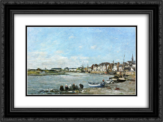 Laundresses on the Banks of the Port of Trouville 24x18 Black Ornate Wood Framed Art Print Poster with Double Matting by Boudin, Eugene
