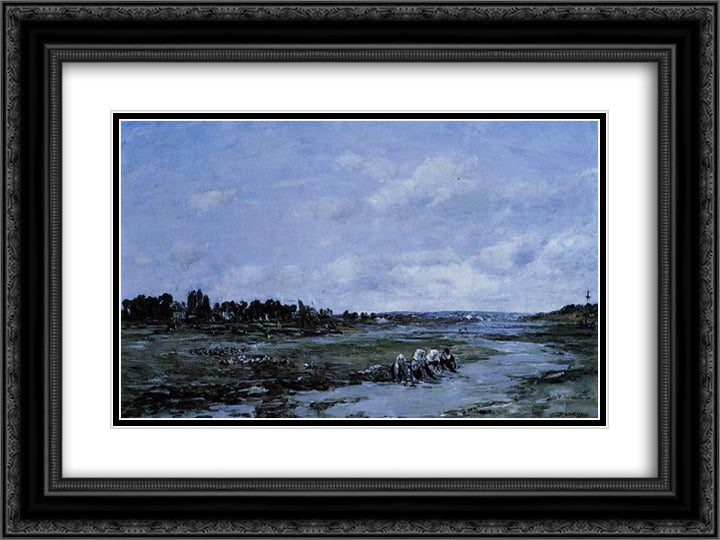 Laundresses on the Banks of the river 24x18 Black Ornate Wood Framed Art Print Poster with Double Matting by Boudin, Eugene