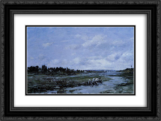 Laundresses on the Banks of the river 24x18 Black Ornate Wood Framed Art Print Poster with Double Matting by Boudin, Eugene