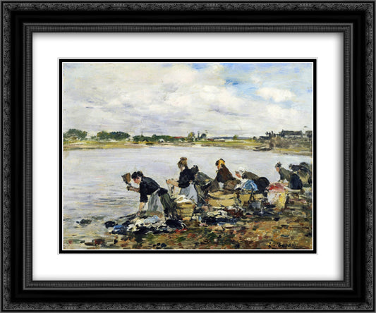 Laundresses on the Banks of the Touques 24x20 Black Ornate Wood Framed Art Print Poster with Double Matting by Boudin, Eugene