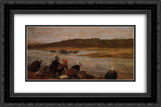 Laundresses on the Banks of the Touques (The Effect of Fog) 24x16 Black Ornate Wood Framed Art Print Poster with Double Matting by Boudin, Eugene