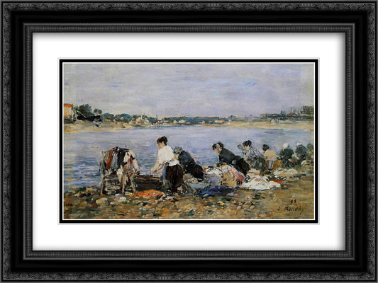 Laundresses on the banks of Touques 24x18 Black Ornate Wood Framed Art Print Poster with Double Matting by Boudin, Eugene