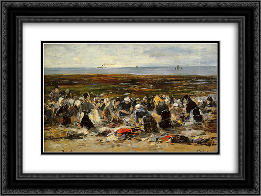 Laundresses on the beach, Low tide 24x18 Black Ornate Wood Framed Art Print Poster with Double Matting by Boudin, Eugene