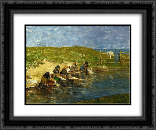 Laundresses on the beach 24x20 Black Ornate Wood Framed Art Print Poster with Double Matting by Boudin, Eugene