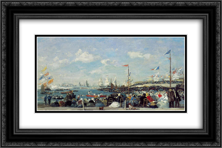 Le Havre, the regatta festival 24x16 Black Ornate Wood Framed Art Print Poster with Double Matting by Boudin, Eugene