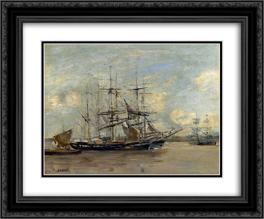 Le Havre, Three Master at Anchor in the Harbor 24x20 Black Ornate Wood Framed Art Print Poster with Double Matting by Boudin, Eugene