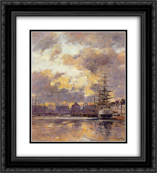 Le Havre. Commerce Basin. 20x22 Black Ornate Wood Framed Art Print Poster with Double Matting by Boudin, Eugene