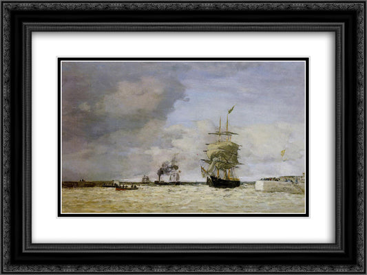 Le Havre. Entrance to the Port. 24x18 Black Ornate Wood Framed Art Print Poster with Double Matting by Boudin, Eugene