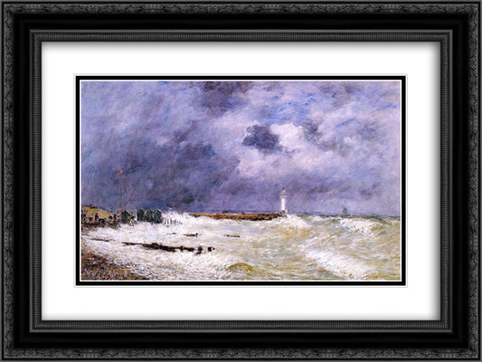 Le Havre. Heavy Winds off of Frascati. 24x18 Black Ornate Wood Framed Art Print Poster with Double Matting by Boudin, Eugene