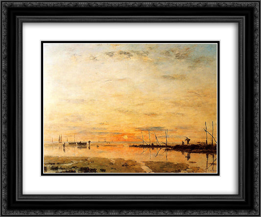 Le Havre. Sunset at Low Tide. 24x20 Black Ornate Wood Framed Art Print Poster with Double Matting by Boudin, Eugene