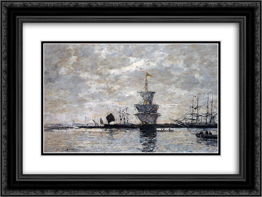 Le Havre Sun 24x18 Black Ornate Wood Framed Art Print Poster with Double Matting by Boudin, Eugene