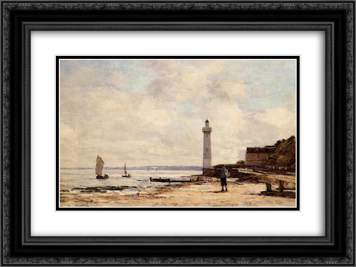 Lighthouse at Honfleur 24x18 Black Ornate Wood Framed Art Print Poster with Double Matting by Boudin, Eugene