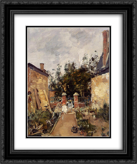Madame S. with Her Children in Their Garden at Trouville 20x24 Black Ornate Wood Framed Art Print Poster with Double Matting by Boudin, Eugene