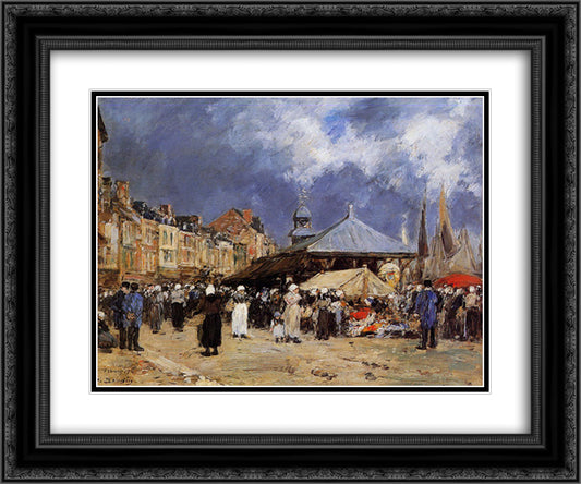 Market at Trouville 24x20 Black Ornate Wood Framed Art Print Poster with Double Matting by Boudin, Eugene
