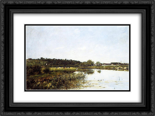 On The Banks of the Touques 24x18 Black Ornate Wood Framed Art Print Poster with Double Matting by Boudin, Eugene