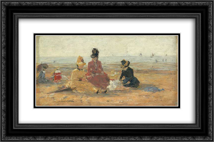 On the Beach, Trouville 24x16 Black Ornate Wood Framed Art Print Poster with Double Matting by Boudin, Eugene