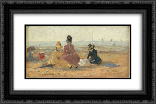 On the Beach, Trouville 24x16 Black Ornate Wood Framed Art Print Poster with Double Matting by Boudin, Eugene
