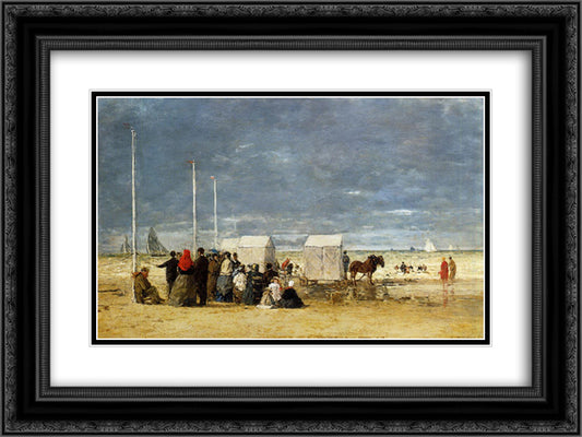 On the Beach 24x18 Black Ornate Wood Framed Art Print Poster with Double Matting by Boudin, Eugene