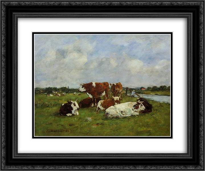 Pasturage on the Banks of the Touques 24x20 Black Ornate Wood Framed Art Print Poster with Double Matting by Boudin, Eugene