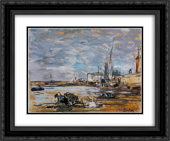 Port at Low Tide 24x20 Black Ornate Wood Framed Art Print Poster with Double Matting by Boudin, Eugene