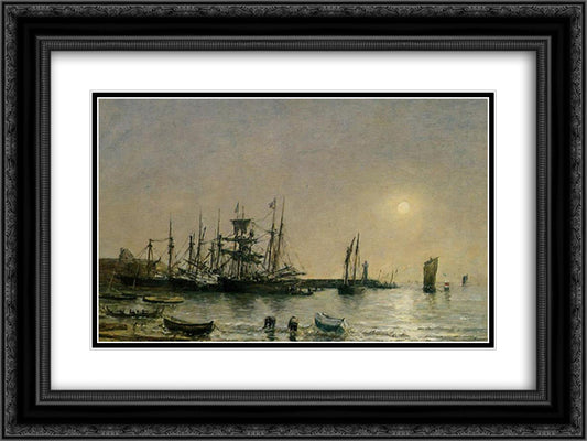 Portrieux Boats at Anchor in Port 24x18 Black Ornate Wood Framed Art Print Poster with Double Matting by Boudin, Eugene