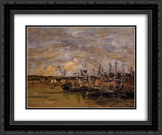 Portrieux Fishing Boats at Low Tide 24x20 Black Ornate Wood Framed Art Print Poster with Double Matting by Boudin, Eugene