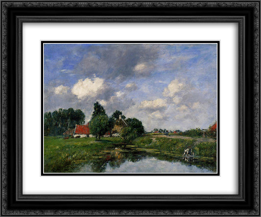 River near Dunkirk 24x20 Black Ornate Wood Framed Art Print Poster with Double Matting by Boudin, Eugene