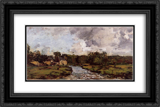 River near hospital 24x16 Black Ornate Wood Framed Art Print Poster with Double Matting by Boudin, Eugene