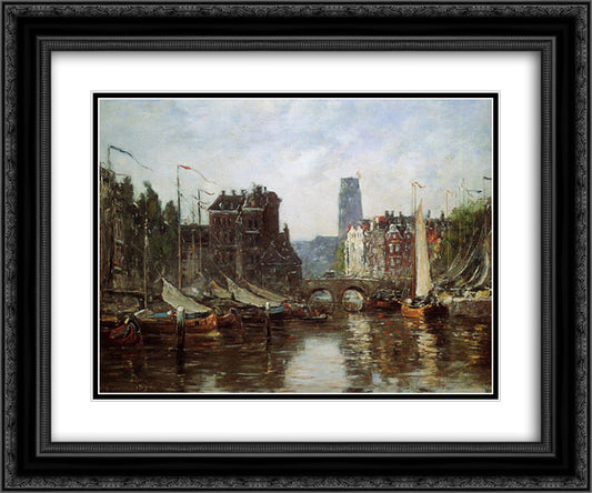 Rotterdam, Le Pont de Bourse 24x20 Black Ornate Wood Framed Art Print Poster with Double Matting by Boudin, Eugene