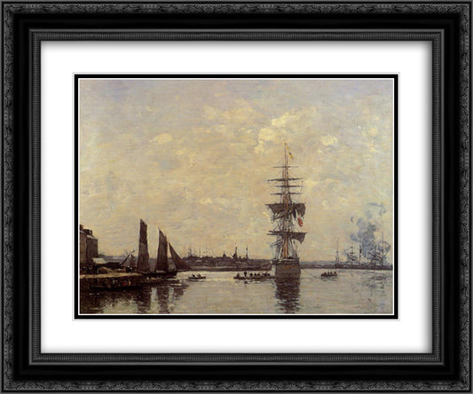 Sailing Boats at Quay 24x20 Black Ornate Wood Framed Art Print Poster with Double Matting by Boudin, Eugene